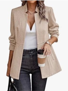 Tailored Open-Front Beige Blazer Jacket - Women's